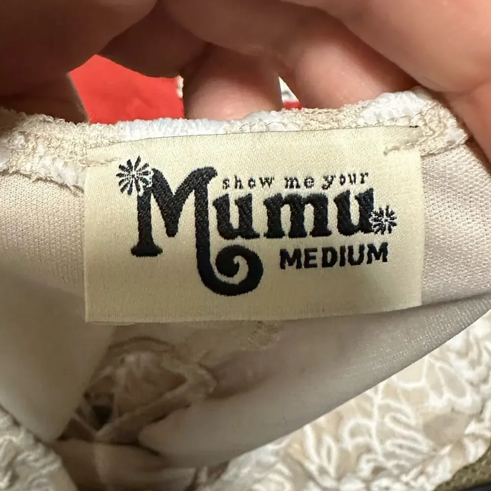 Show Me Your Mumu Tan and White Lace 3/4 Sleeve Dress with Keyhole Back Medium